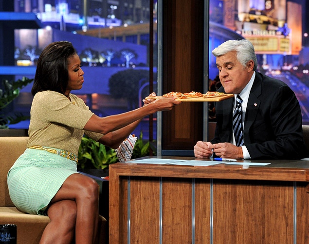 First lady pushes Jay Leno to eat healthy foods